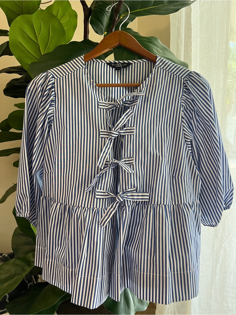 Velvet Heart Blue and White Striped Bow-Front Peplum Blouse